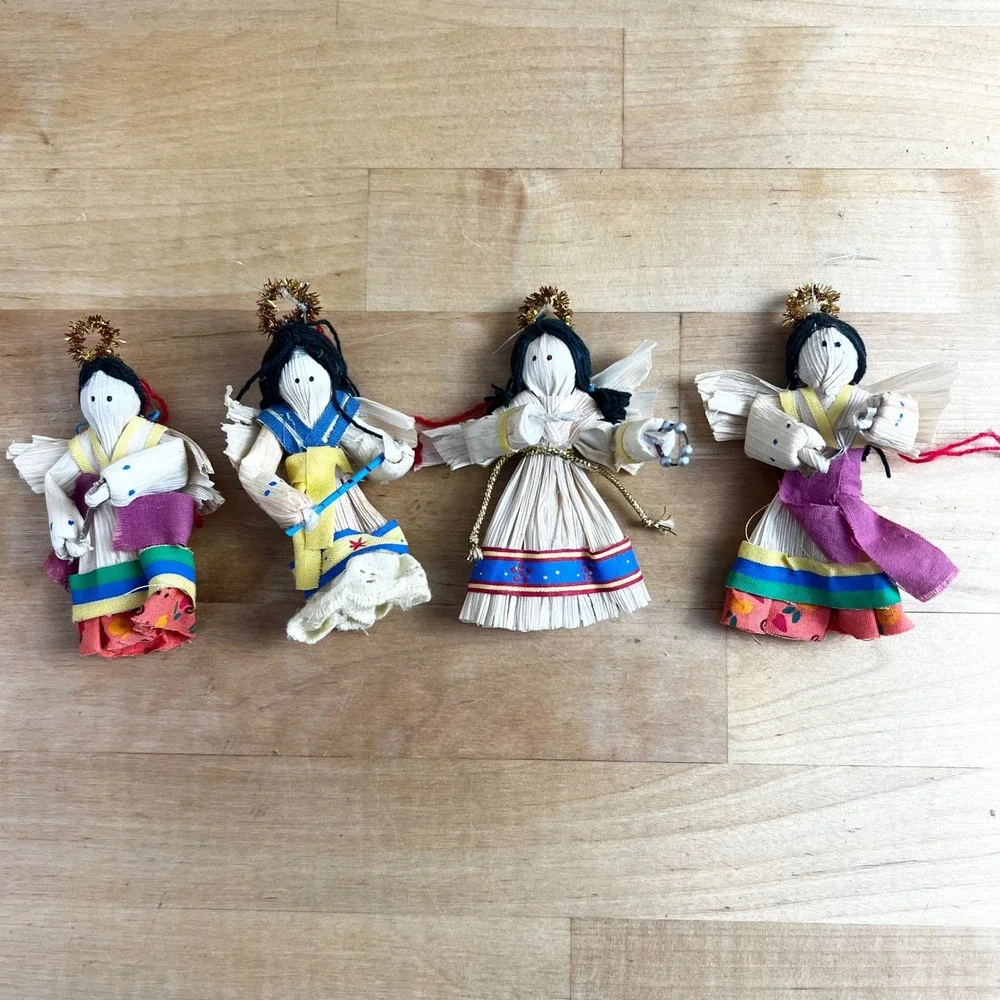 Set of 4 Handcrafted Corn Husk Angels Christmas Ornaments Festive Decor 4